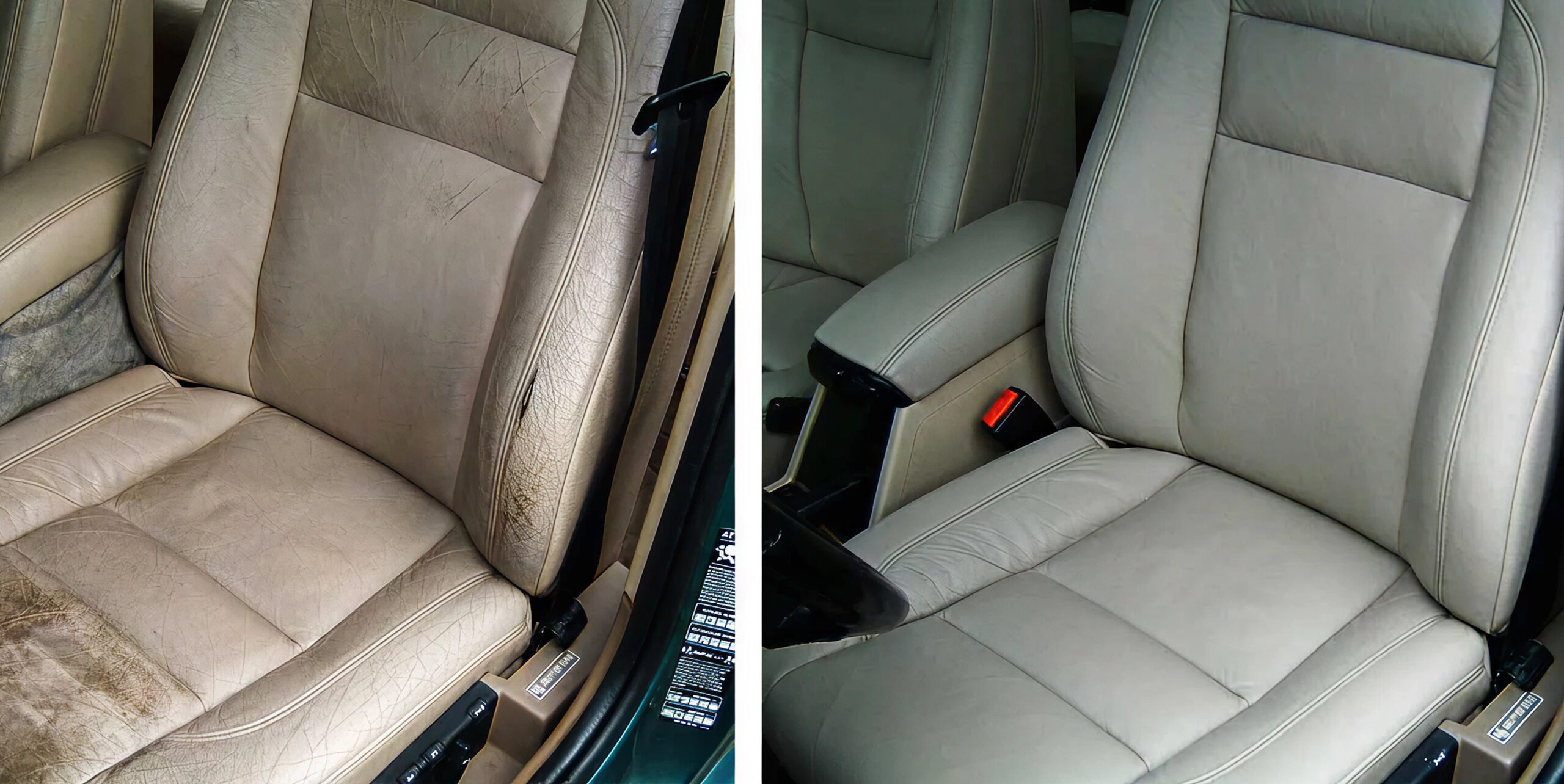 Car seat before and after cleaning comparison.