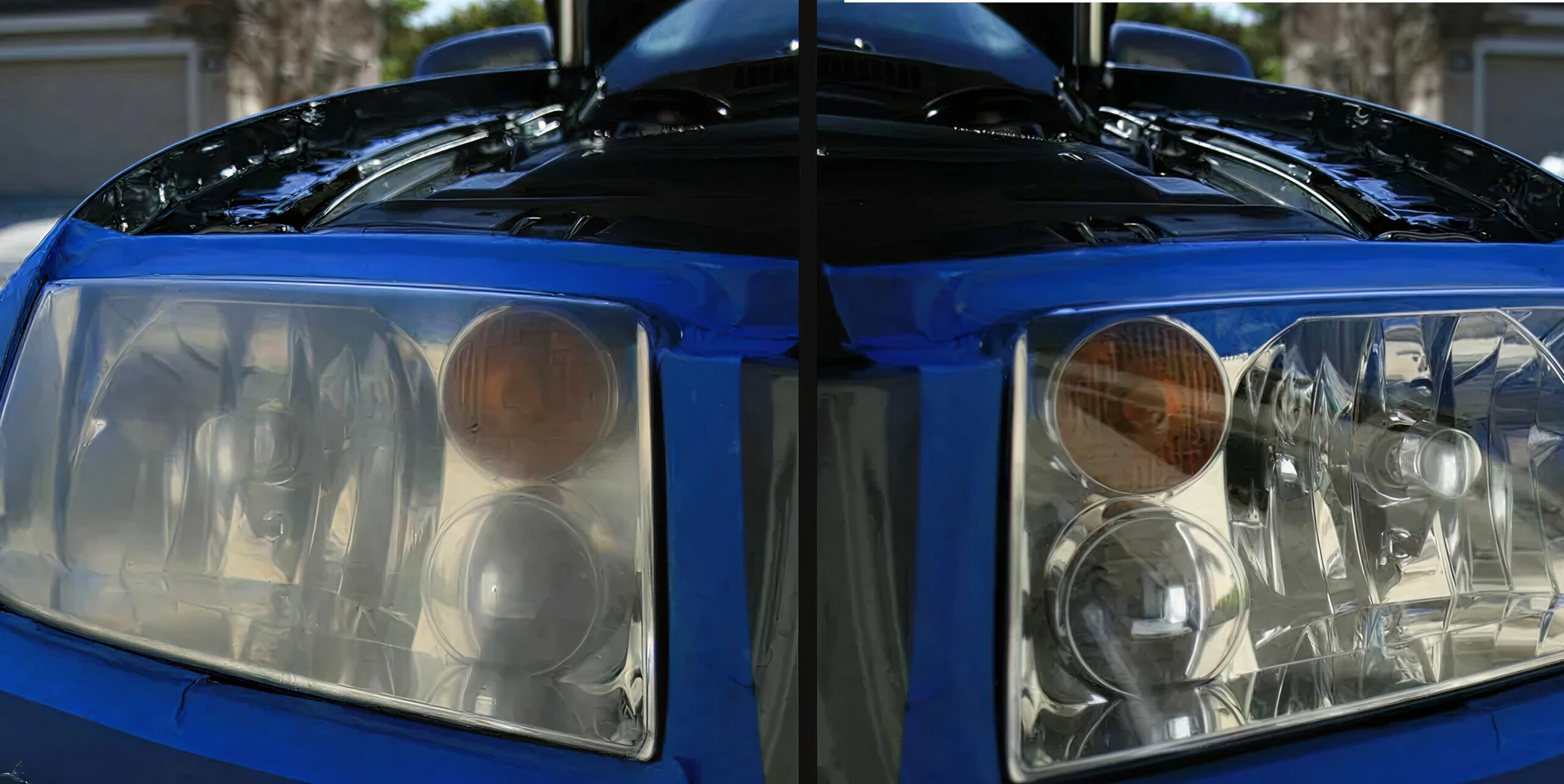 Car headlights: before and after restoration comparison.